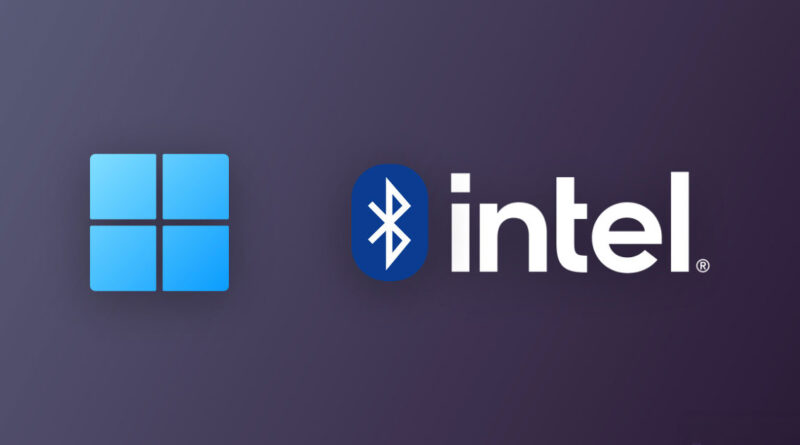 Iconos de Windows y Bluetooth junto al logotipo de Intel, sobre un fondo morado degradado. Diseño moderno y tecnológico.