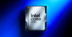 Procesador Intel Core Ultra sobre un fondo azul vibrante, con un acabado plateado que resalta su diseño moderno y tecnológico.