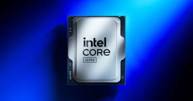 Procesador Intel Core Ultra sobre un fondo azul vibrante, con un acabado plateado que resalta su diseño moderno y tecnológico.