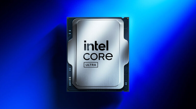 Procesador Intel Core Ultra sobre un fondo azul vibrante, con un acabado plateado que resalta su diseño moderno y tecnológico.