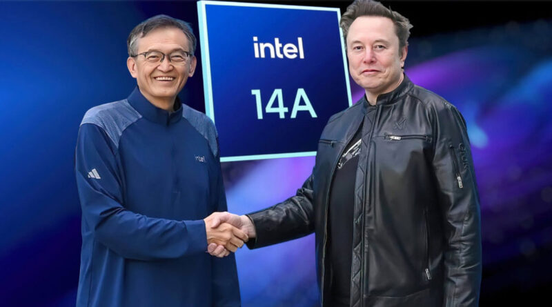 Dos hombres se estrechan la mano, uno viste una chaqueta negra y el otro un abrigo azul. Al fondo, un cartel con el logotipo de Intel y "14A".