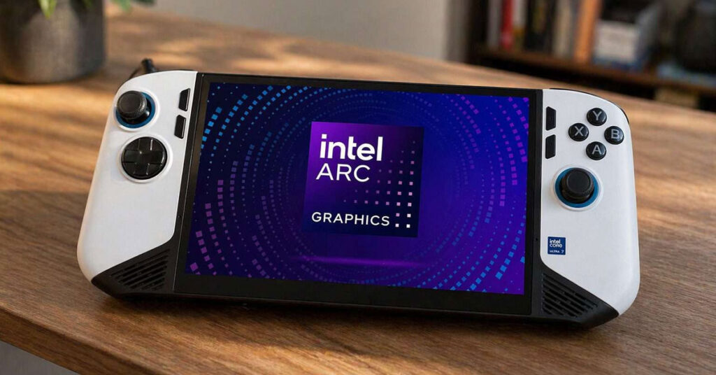 Controlador de juego en una mesa, con pantalla que muestra el logo de Intel ARC y un diseño en tonos morados y azules.
