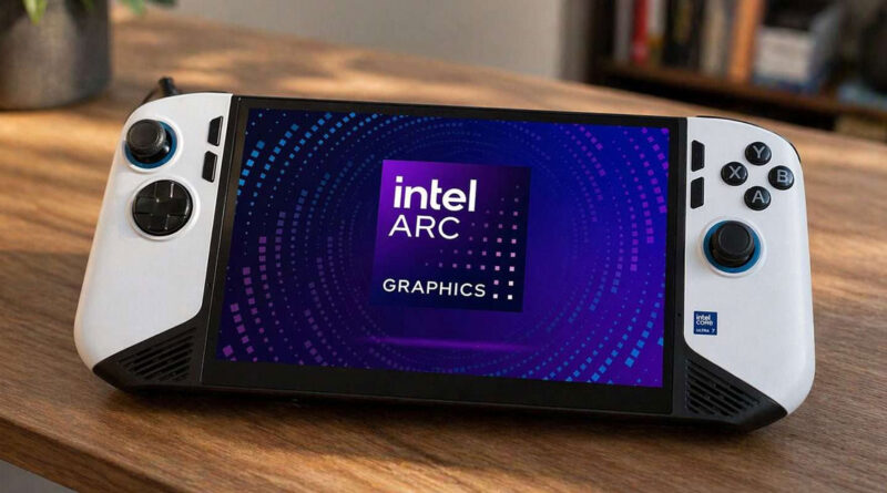 Controlador de juego en una mesa, con pantalla que muestra el logo de Intel ARC y un diseño en tonos morados y azules.