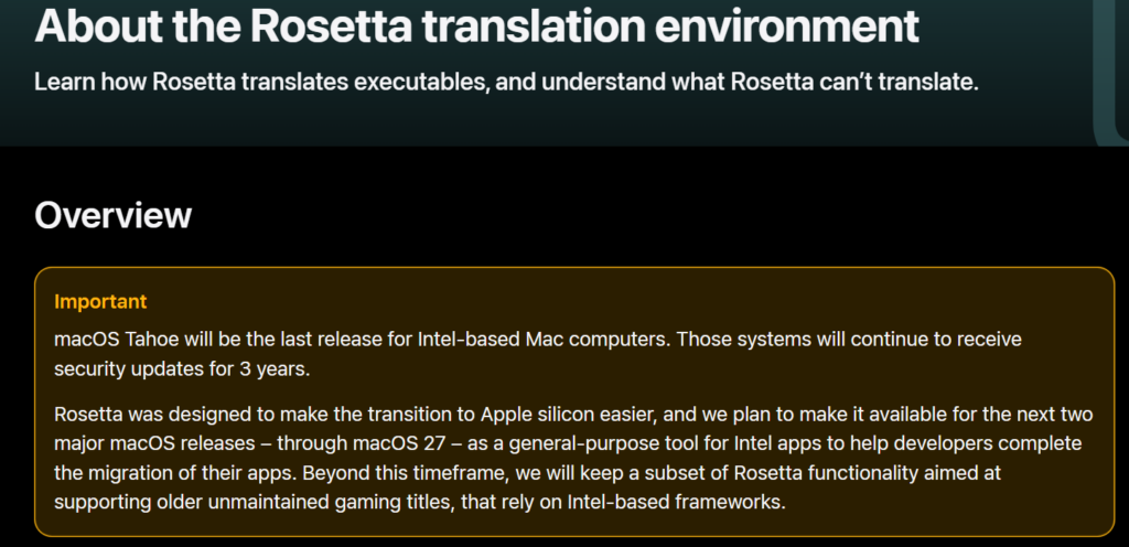 Pantalla con texto en un fondo oscuro, resaltando un aviso importante sobre la migración de Macs Intel a macOS Tahoe.