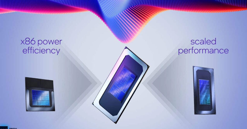 Dos procesadores Intel Core al lado de un modelo central, con un fondo en tonos púrpuras y azules, resaltando eficiencia y rendimiento.