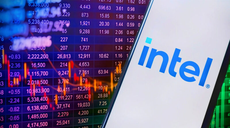 Logotipo de Intel frente a un fondo colorido con gráficos de datos financieros y cifras de acciones en tonos morados y verdes.