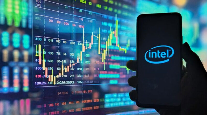 Gráfico financiero con datos en colores vibrantes y un smartphone en primer plano mostrando el logotipo de Intel.