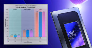 Gráfico comparativo de ratios de compresión, con barras de colores azul, rosa y naranja, junto a un procesador Intel Core con diseño metálico.