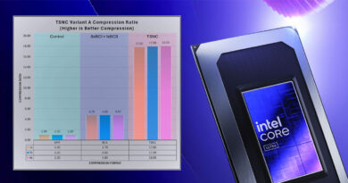 Gráfico comparativo de ratios de compresión, con barras de colores azul, rosa y naranja, junto a un procesador Intel Core con diseño metálico.