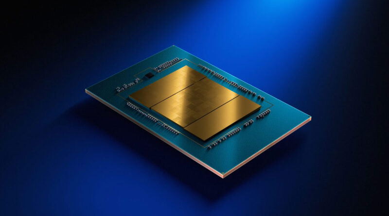 Chip de CPU sobre fondo azul, con un diseño prominente en color dorado y detalles en circuitos electrónicos alrededor.