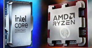 Microprocesadores de Intel y AMD en un fondo desenfocado, el primero con diseño metálico brillante y el segundo con superficie pulida.