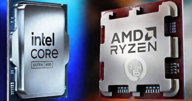 Microprocesadores de Intel y AMD en un fondo desenfocado, el primero con diseño metálico brillante y el segundo con superficie pulida.