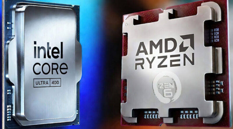 Microprocesadores de Intel y AMD en un fondo desenfocado, el primero con diseño metálico brillante y el segundo con superficie pulida.