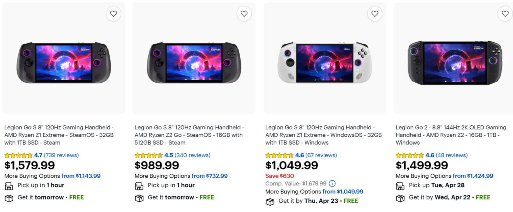 Cuatro consolas de juegos portátiles Legion Go en diferentes colores con precios variados y opciones de compra en un diseño limpio.