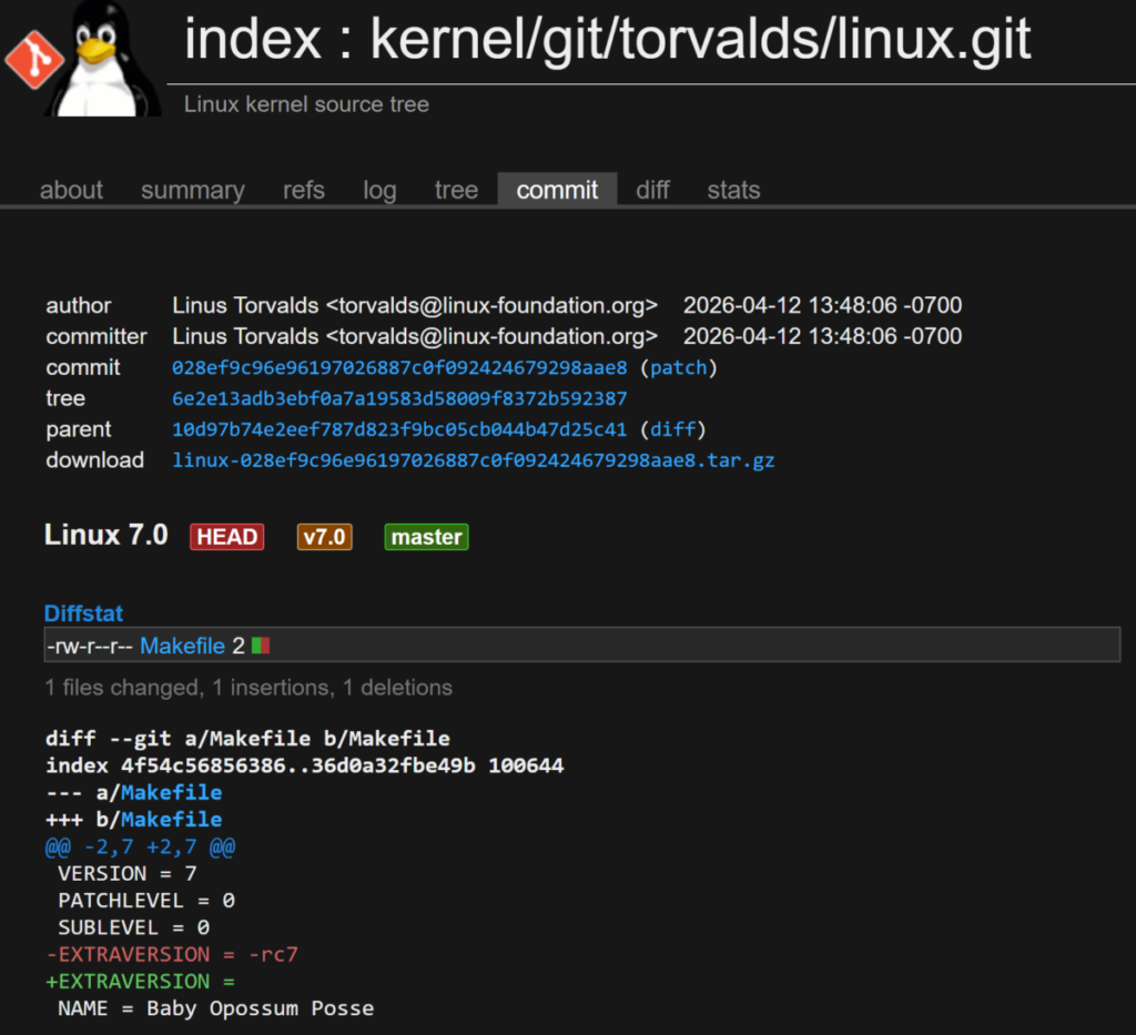 Captura de pantalla del código del kernel Linux 7.0, con detalles de un commit, mostrando texto en colores oscuros y elementos de codificación.