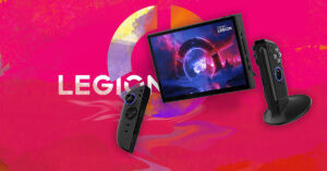 Consola portátil Legion Go 2 Z2 Extreme en un fondo rosa vibrante, acompañada de controladores y una pantalla mostrando gráficos futuristas.