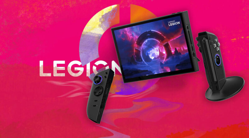 Consola portátil Legion Go 2 Z2 Extreme en un fondo rosa vibrante, acompañada de controladores y una pantalla mostrando gráficos futuristas.