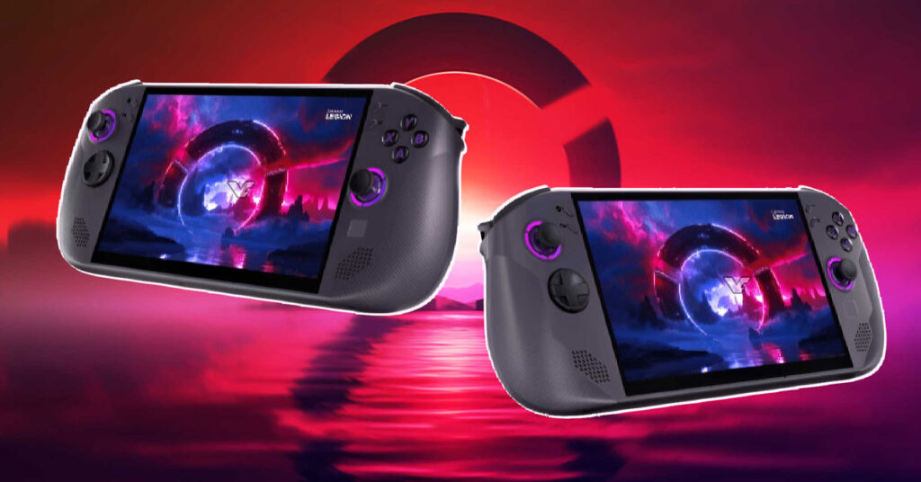 Dos consolas de videojuegos portátiles en primer plano, con una escena futurista de fondo que destaca en tonos púrpuras y rosas.