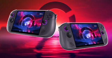 Dos consolas de videojuegos portátiles en primer plano, con una escena futurista de fondo que destaca en tonos púrpuras y rosas.