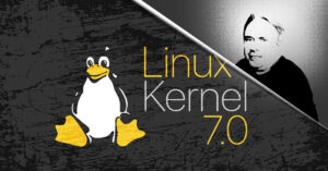 Logo de Linux con un pingüino amarillo sobre fondo negro, acompañado de texto que menciona "Kernel 7.0" y un retrato difuminado de una persona.