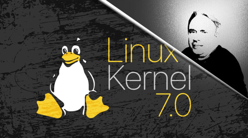 Logo de Linux con un pingüino amarillo sobre fondo negro, acompañado de texto que menciona "Kernel 7.0" y un retrato difuminado de una persona.