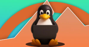 Pengüino con laptop sobre fondo colorido con montañas, simbolizando el sistema operativo Linux.