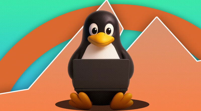 Pengüino con laptop sobre fondo colorido con montañas, simbolizando el sistema operativo Linux.