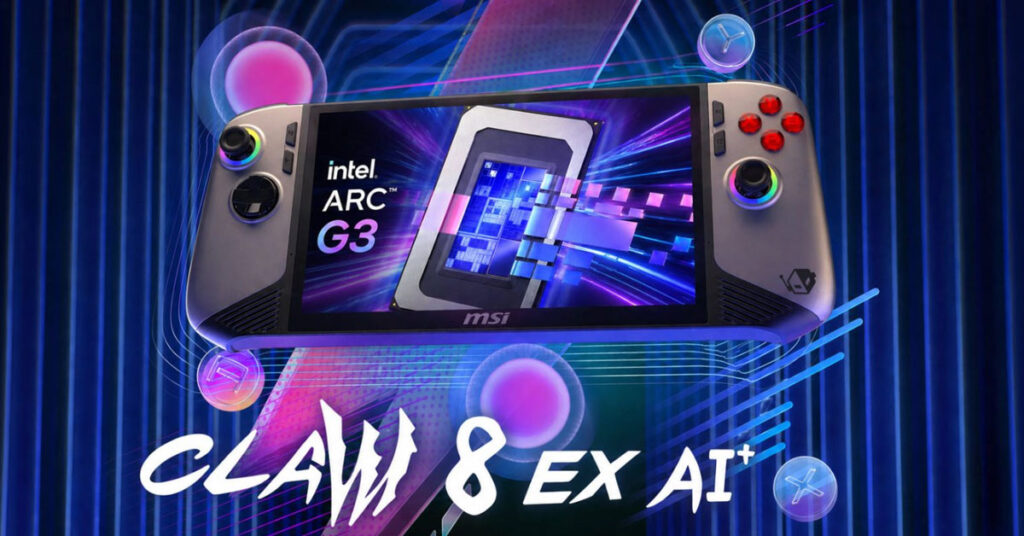 Diseño futurista del MSI Claw 8 EX con pantalla central, destacando el logo de Intel Arc G3 y efectos de luz vibrantes en el fondo.