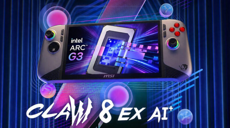 Diseño futurista del MSI Claw 8 EX con pantalla central, destacando el logo de Intel Arc G3 y efectos de luz vibrantes en el fondo.