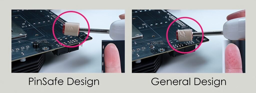 Comparación entre diseño PinSafe y diseño general de placas madre, mostrando un objeto resaltado en un círculo rosa en cada lado.