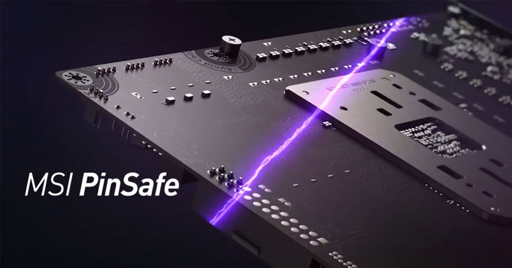 Placa madre negra con detalles en gris y un rayo púrpura, resaltando la tecnología MSI PinSafe. Elementos técnicos visibles.