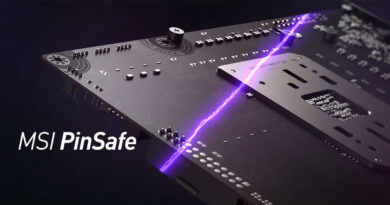 Placa madre negra con detalles en gris y un rayo púrpura, resaltando la tecnología MSI PinSafe. Elementos técnicos visibles.