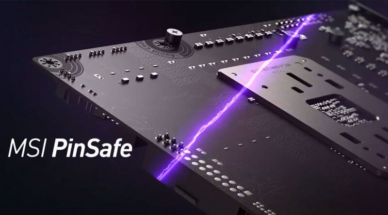 Placa madre negra con detalles en gris y un rayo púrpura, resaltando la tecnología MSI PinSafe. Elementos técnicos visibles.