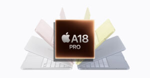 Chip A18 Pro en el centro, rodeado de varios MacBook en colores pastel: rosa, amarillo, y gris claro, en una composición dinámica.