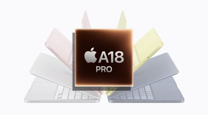 Chip A18 Pro en el centro, rodeado de varios MacBook en colores pastel: rosa, amarillo, y gris claro, en una composición dinámica.