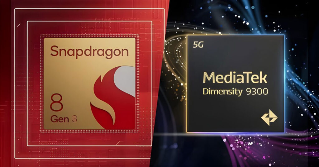 Caja dorada y roja "Snapdragon 8 Gen 3" a la izquierda; bloque negro con "MediaTek Dimensity 9300" a la derecha, fondo oscuro con luces y partículas.