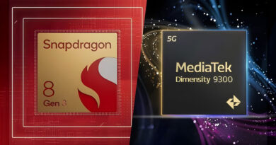 Caja dorada y roja "Snapdragon 8 Gen 3" a la izquierda; bloque negro con "MediaTek Dimensity 9300" a la derecha, fondo oscuro con luces y partículas.
