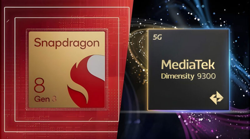 Caja dorada y roja "Snapdragon 8 Gen 3" a la izquierda; bloque negro con "MediaTek Dimensity 9300" a la derecha, fondo oscuro con luces y partículas.