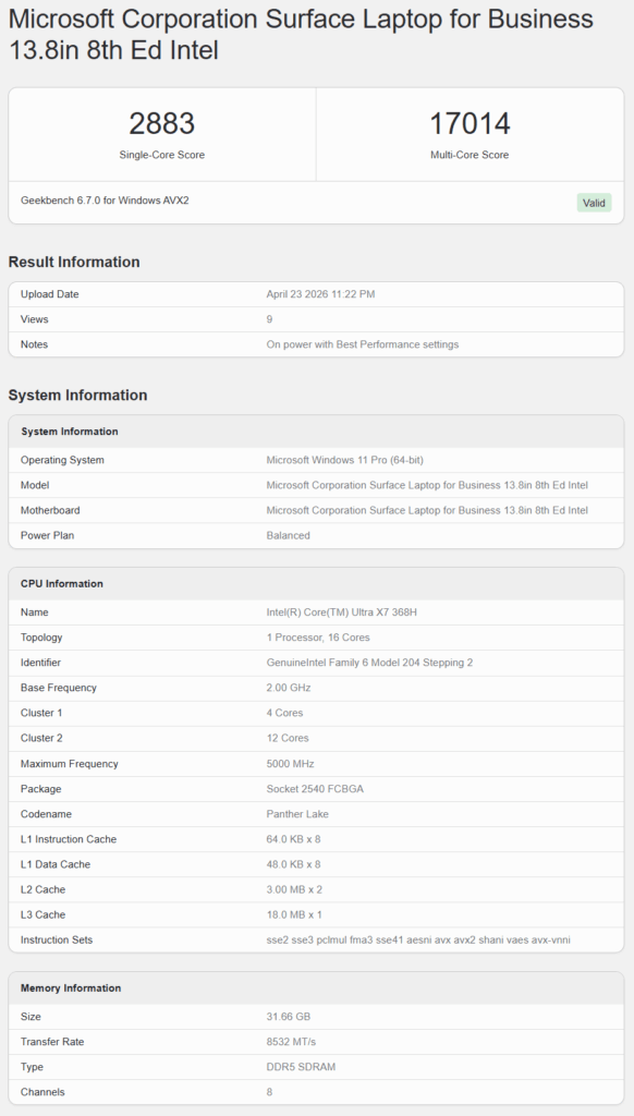 Captura de pantalla que muestra detalles del rendimiento del Surface Laptop 8, incluyendo puntuaciones de Geekbench y especificaciones del sistema.
