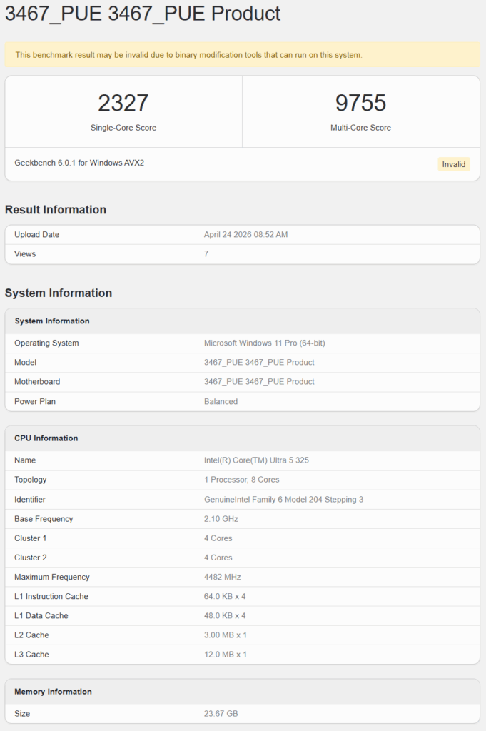 Resultados de prueba de Geekbench con puntuaciones de rendimiento, detalles del sistema y especificaciones del procesador Intel Core Ultra X7.