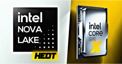 Logotipo de Intel Nova Lake en blanco y negro junto a un procesador Intel Core X en un fondo amarillo, resaltando tecnología avanzada.