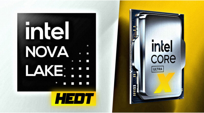 Logotipo de Intel Nova Lake en blanco y negro junto a un procesador Intel Core X en un fondo amarillo, resaltando tecnología avanzada.