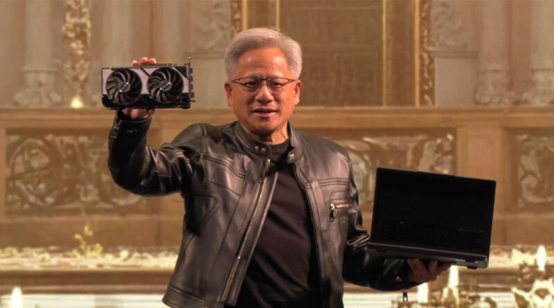 Ejecutivo de NVIDIA mostrando una tarjeta gráfica en una mano y un portátil en la otra, con un fondo decorativo y elegante.