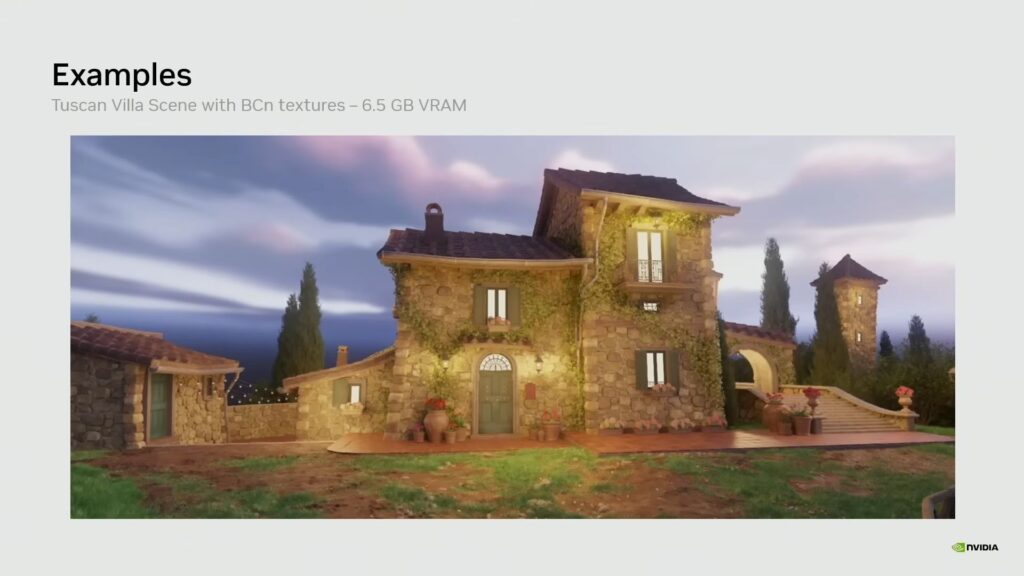 Escena de una villa toscana con texturas detalladas, mostrando una casa de piedra con plantas, bajo un cielo nublado y atardecer.
