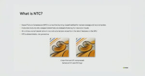 Dos imágenes comparativas que muestran la compresión de texturas NTC, con resultados a 0.5 y 2.0 bpp, destacando colores y detalles gráficos.