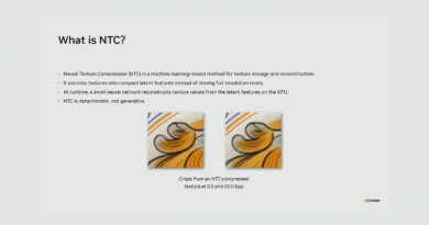 Dos imágenes comparativas que muestran la compresión de texturas NTC, con resultados a 0.5 y 2.0 bpp, destacando colores y detalles gráficos.