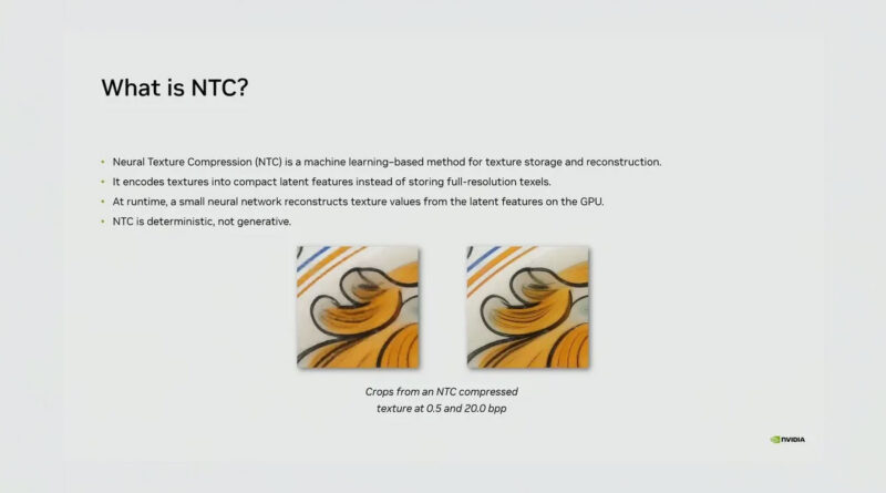 Dos imágenes comparativas que muestran la compresión de texturas NTC, con resultados a 0.5 y 2.0 bpp, destacando colores y detalles gráficos.