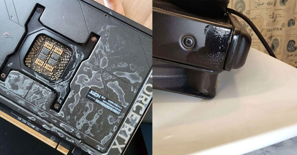 Placa gráfica RTX 5090 con daños visibles por agua; se aprecian manchas en la superficie y un soporte húmedo, resaltando la fuga.