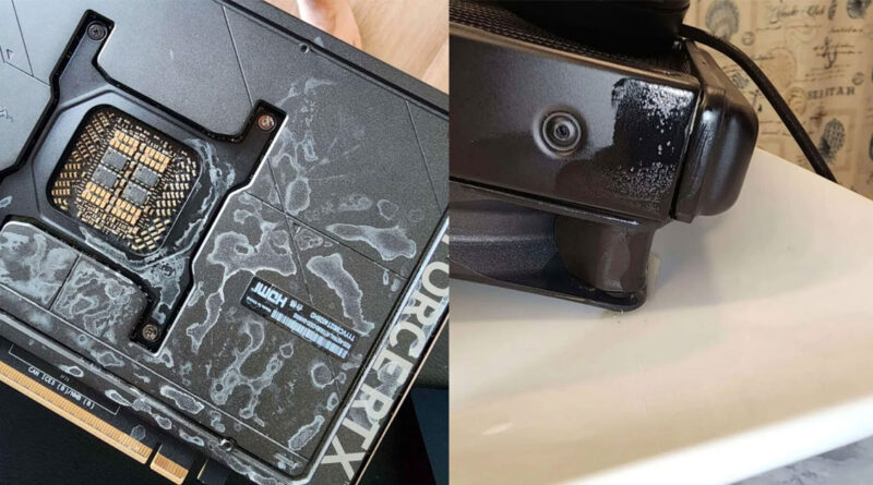 Placa gráfica RTX 5090 con daños visibles por agua; se aprecian manchas en la superficie y un soporte húmedo, resaltando la fuga.