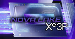 Proceso de un chip Nova Lake con núcleos Xe3P, fondo tecnológico en tonos morados y azules, diseño futurista y detallado.
